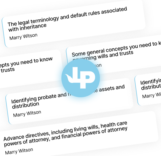 Collage of estate planning webinar topics including wills, trusts, and inheritance, featuring Legacy Peace logo in the center.
