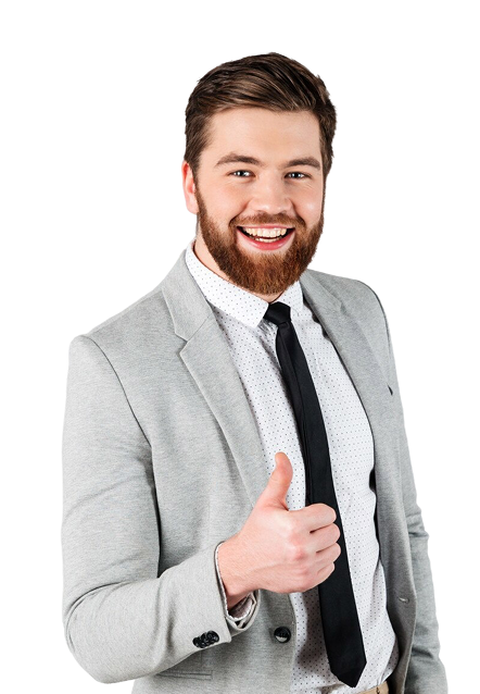Cheerful businessman in a suit giving a thumbs-up, representing approachable estate planning guidance and community support.