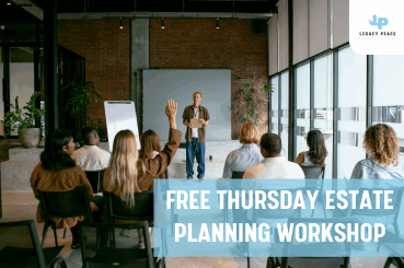 Person presenting at a free Thursday estate planning workshop, with attendees engaged and raising hands, in a modern setting, emphasizing Legacy Peace's educational focus on wills and trusts.