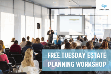 Free Tuesday estate planning workshop with attendees engaged in learning about wills and trusts, featuring a presenter and a projection screen.